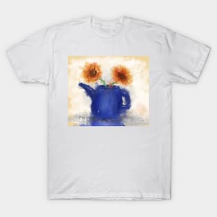 An Artistic Painting of a Blue Watering Can with 2 Orange Flowers T-Shirt